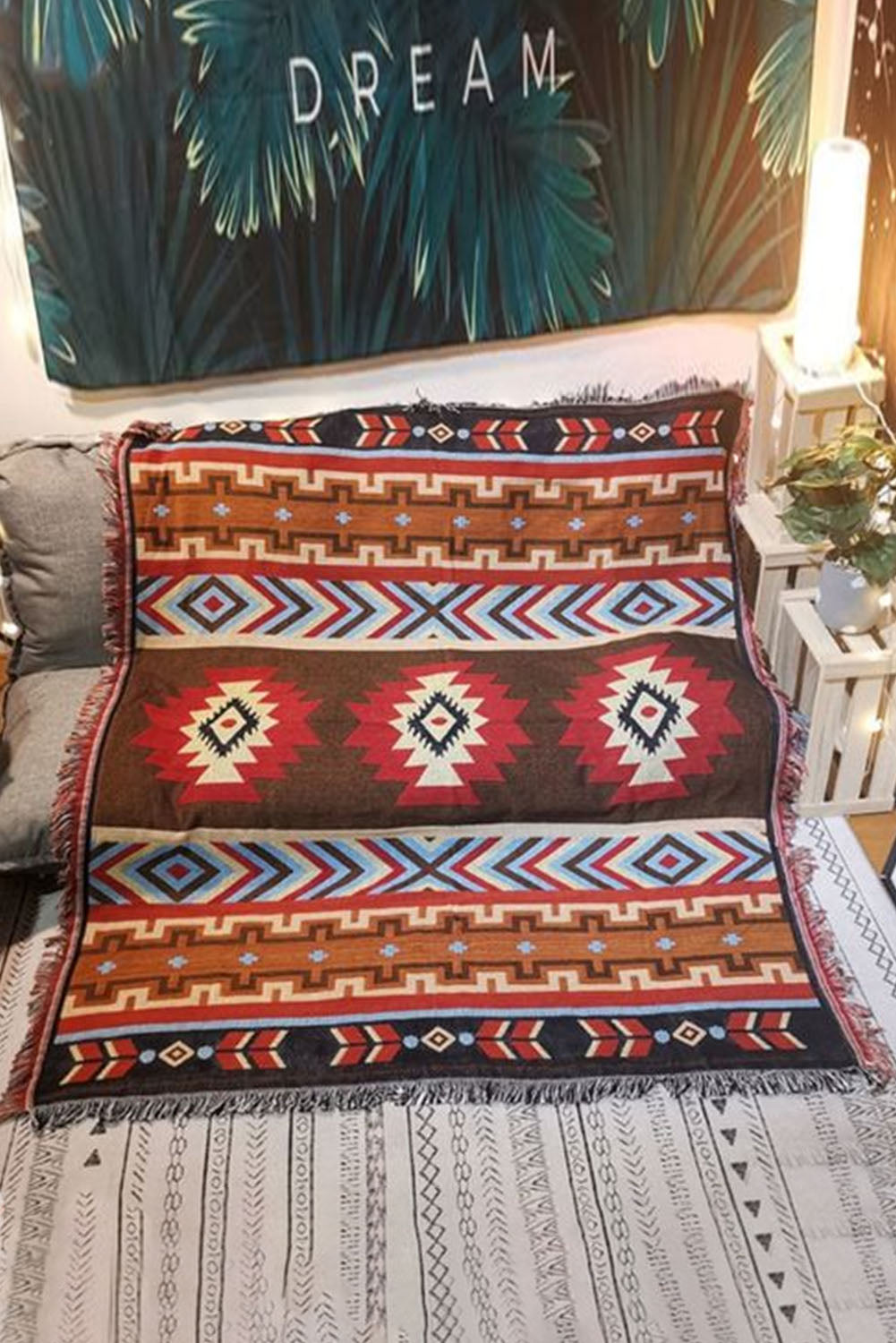 Multicolor Western Aztec Geometric Tasseled Large Blanket 90*210cm