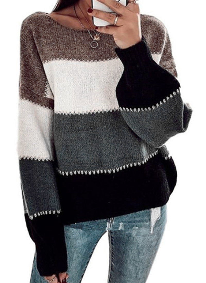Knit Sweater Top Contrast Color Loose Bottoming Pullover
