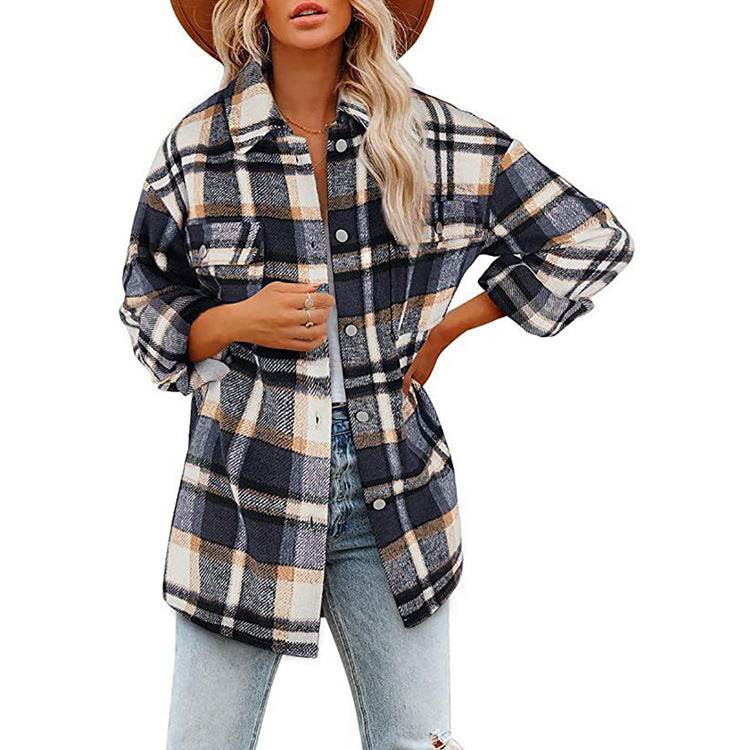 Women's Long Sleeve Lapel Loose Plaid Thickened Wool Jacket