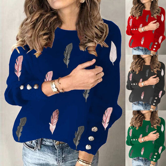 Feather Print Round Neck Long-sleeved Knit Sweater  Top Women's Clothing
