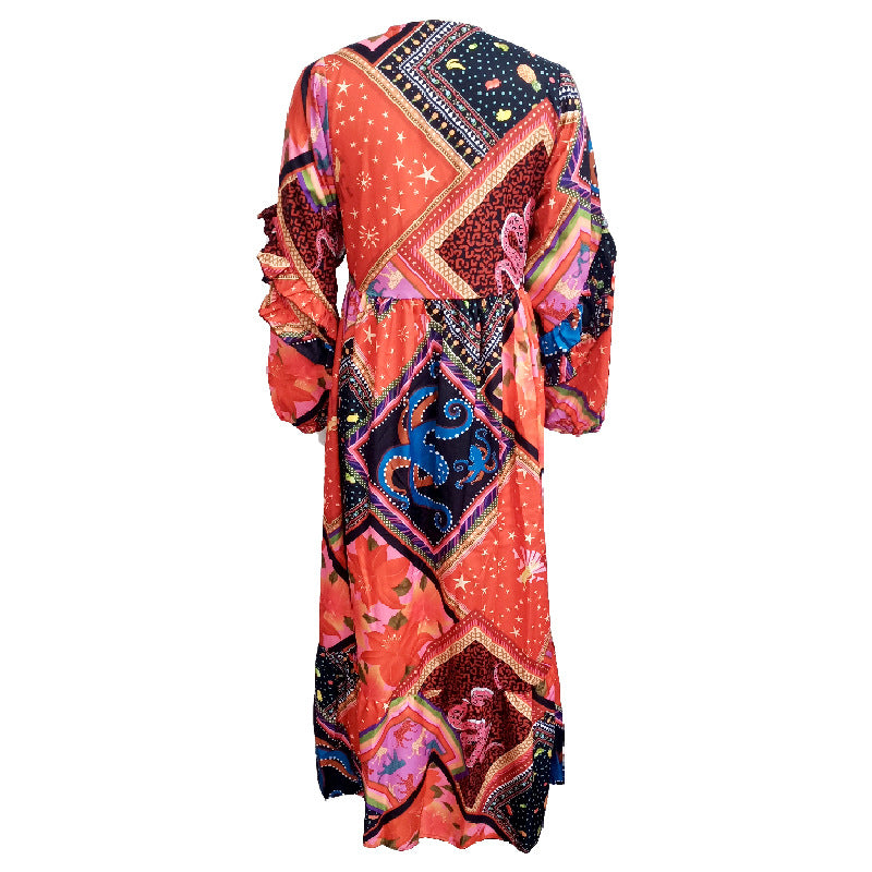 Women's V-Neck Long Sleeve Printed Boho Dress
