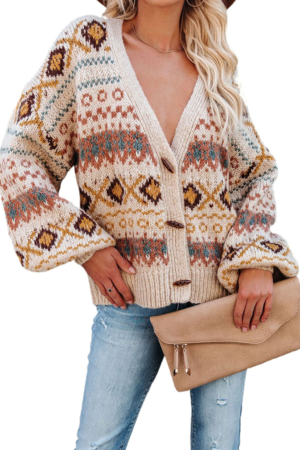 Multicolor Tribal Pattern V Neck Button Front Cardigan