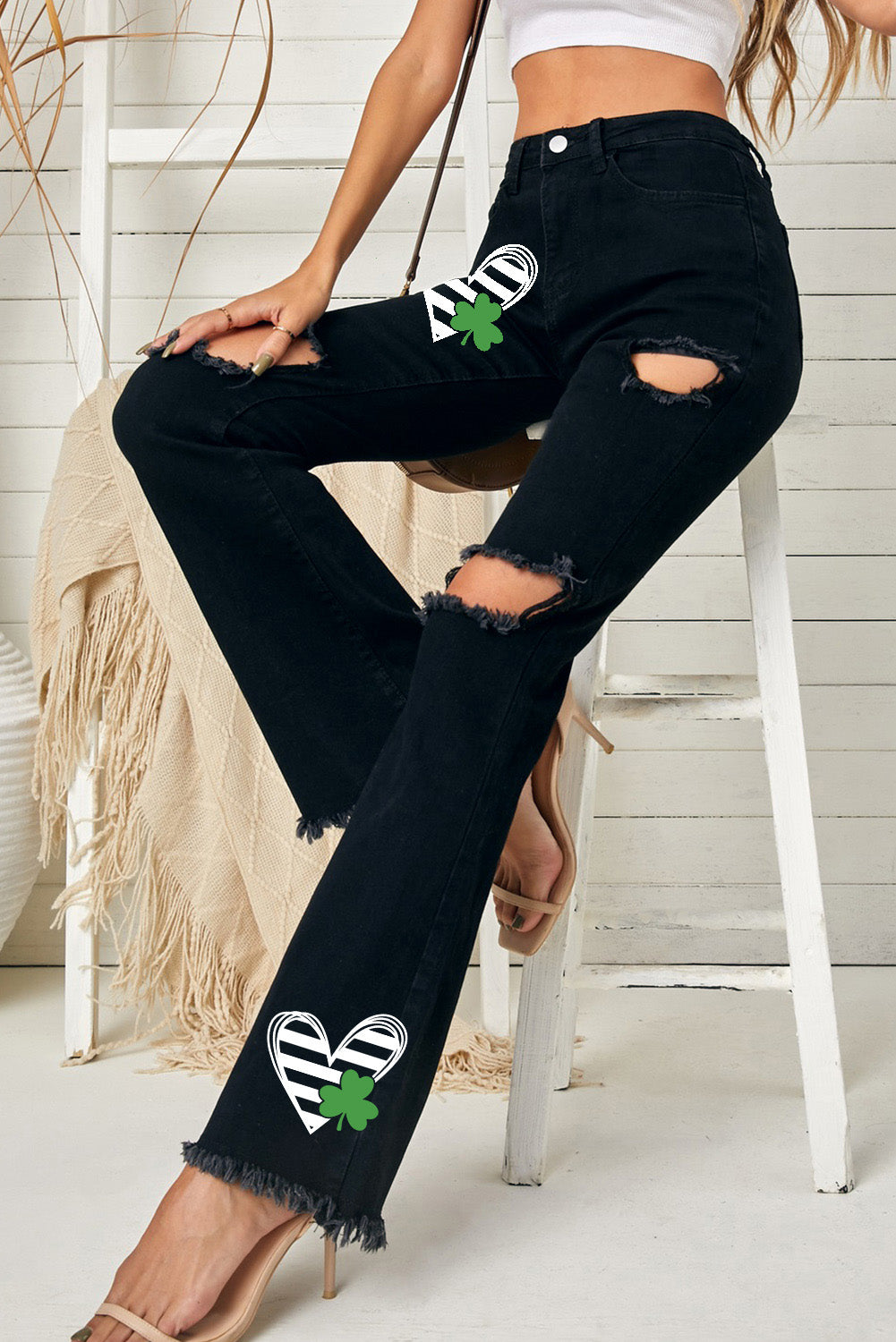 High Waist Ripped Bell Bottom Jeans