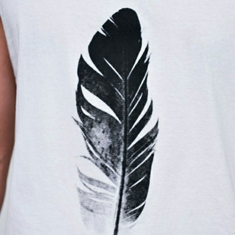 Summer Solid Color Black And White Feather Print Sleeveless T-shirt