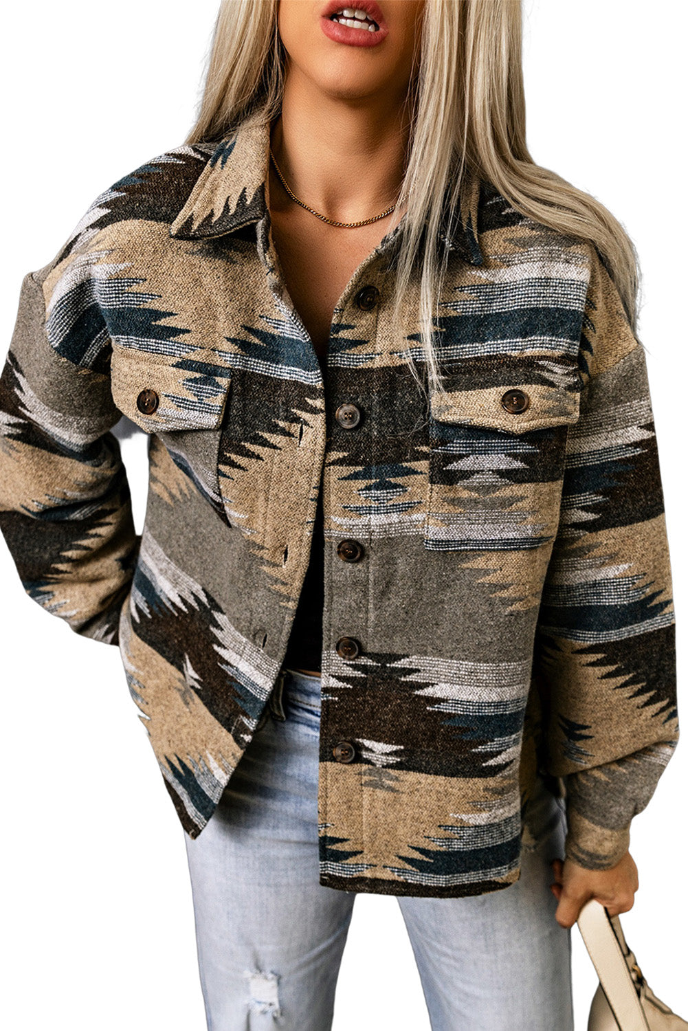 Distressed Aztec Print Lapel Long Sleeve Button Shirt Jacket