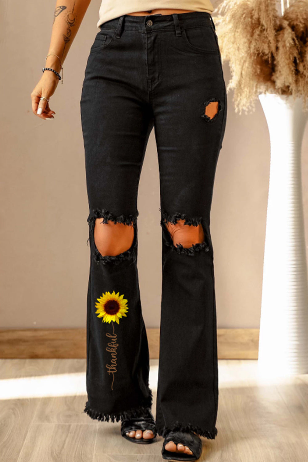 High Waist Ripped Bell Bottom Jeans