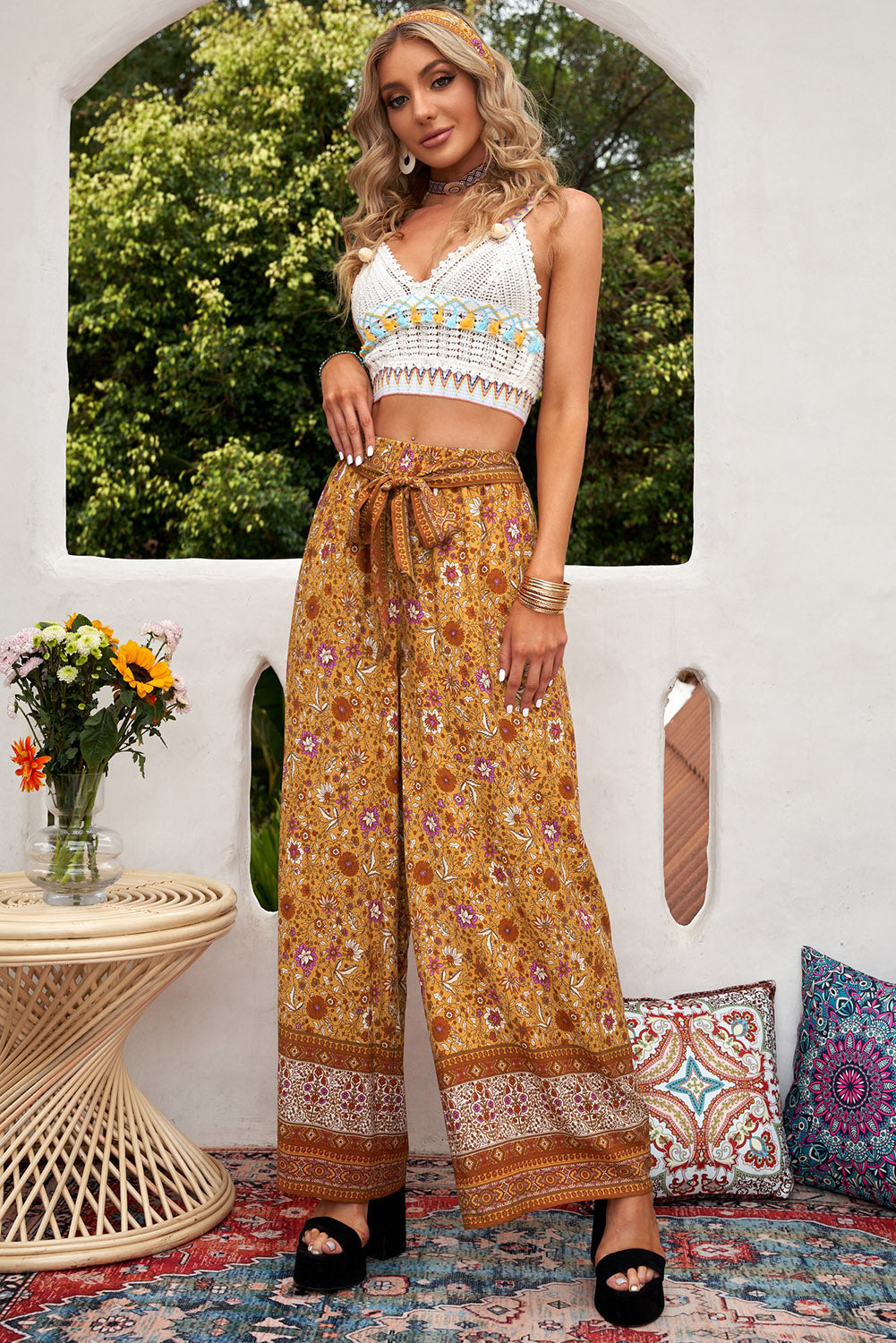 Boho Floral Print Wide Leg Casual Pants with Tie