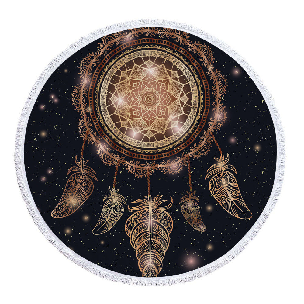 Patterned microfiber printed round beach towel with tassel