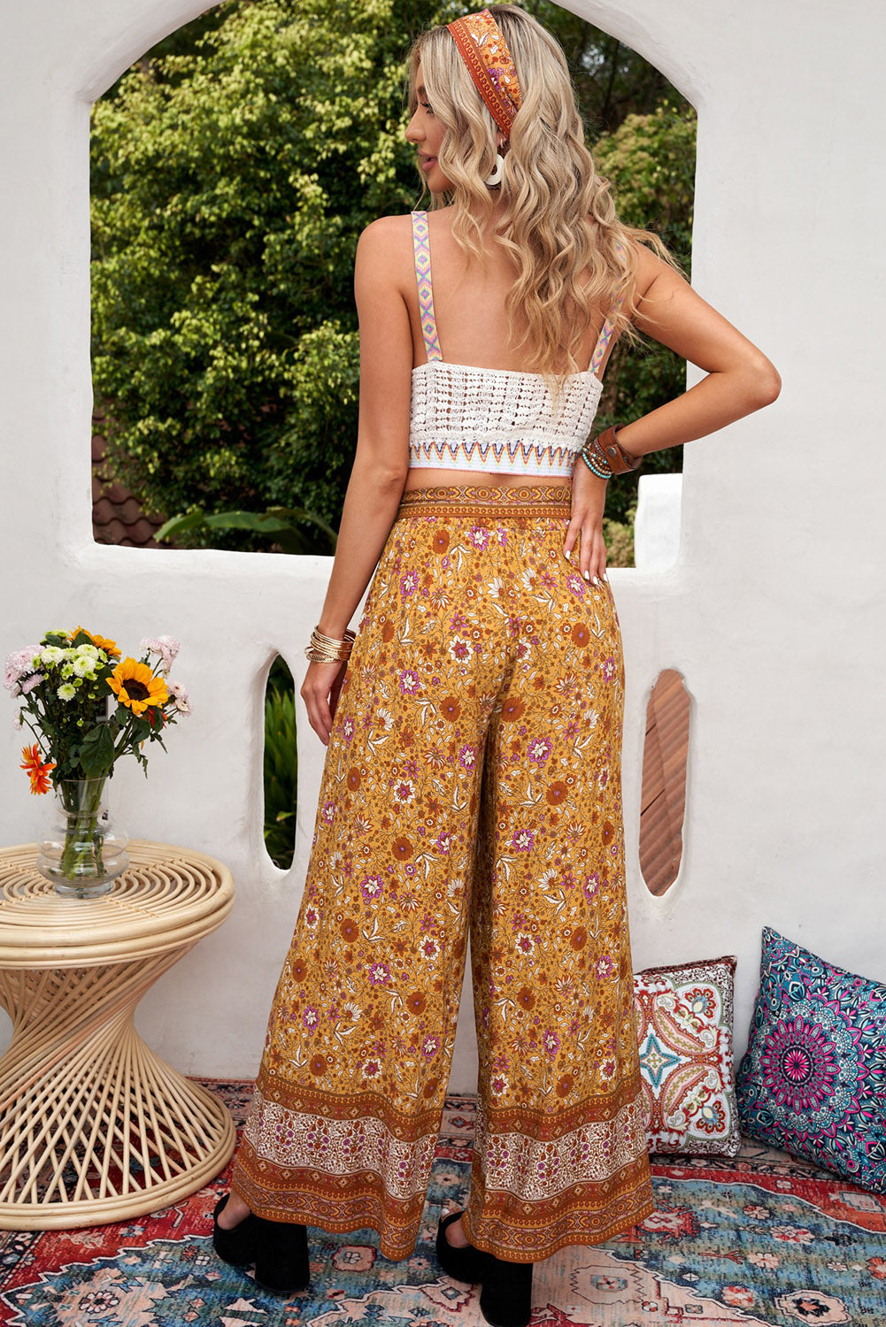 Boho Floral Print Wide Leg Casual Pants with Tie