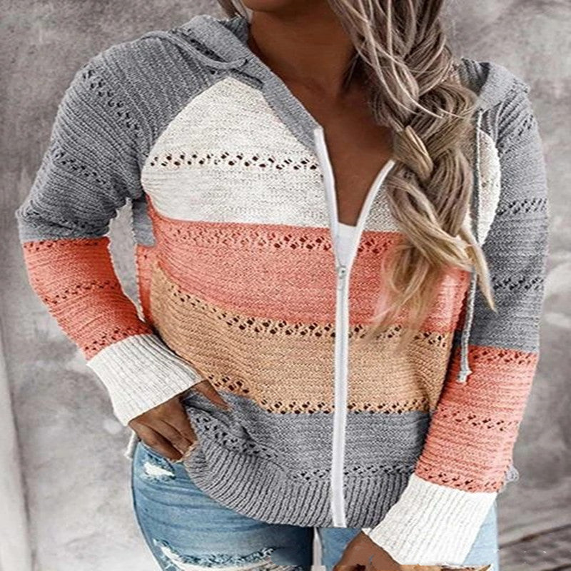 Paneled long-sleeved hooded striped zipper sweater