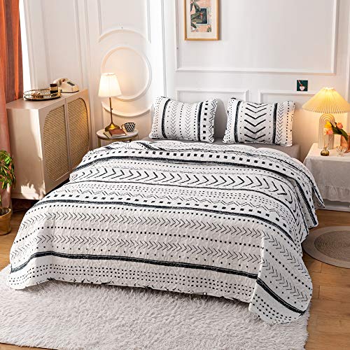 JANZAA Quilt Boho Quilt Set Boho Bedding Bedspreads Queen Size,3 PCS Bohemian Quilt Set with Geometric Printed for All Season(Two Pillow Cases)