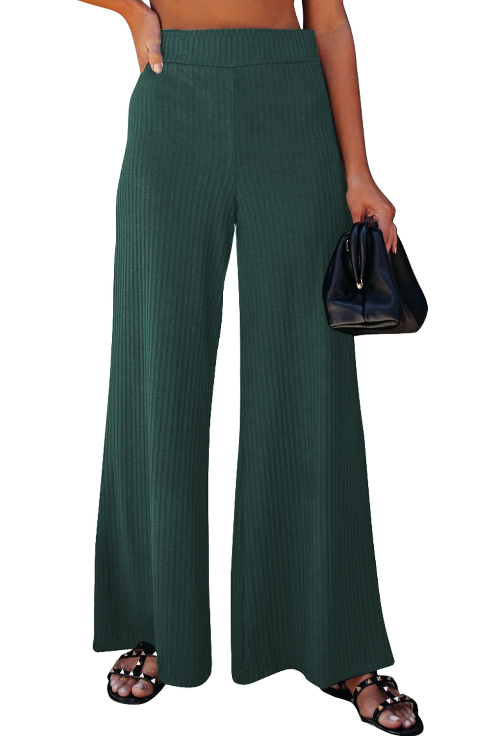 Ribbed Knit High Rise Wide Leg Pants