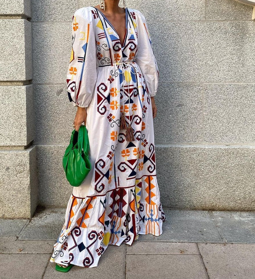 Women's V-Neck Long Sleeve Printed Boho Dress