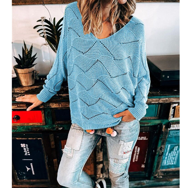 Casual V-neck Hollow Solid Color Bat Sleeve Knitted Long Sleeve Sweater