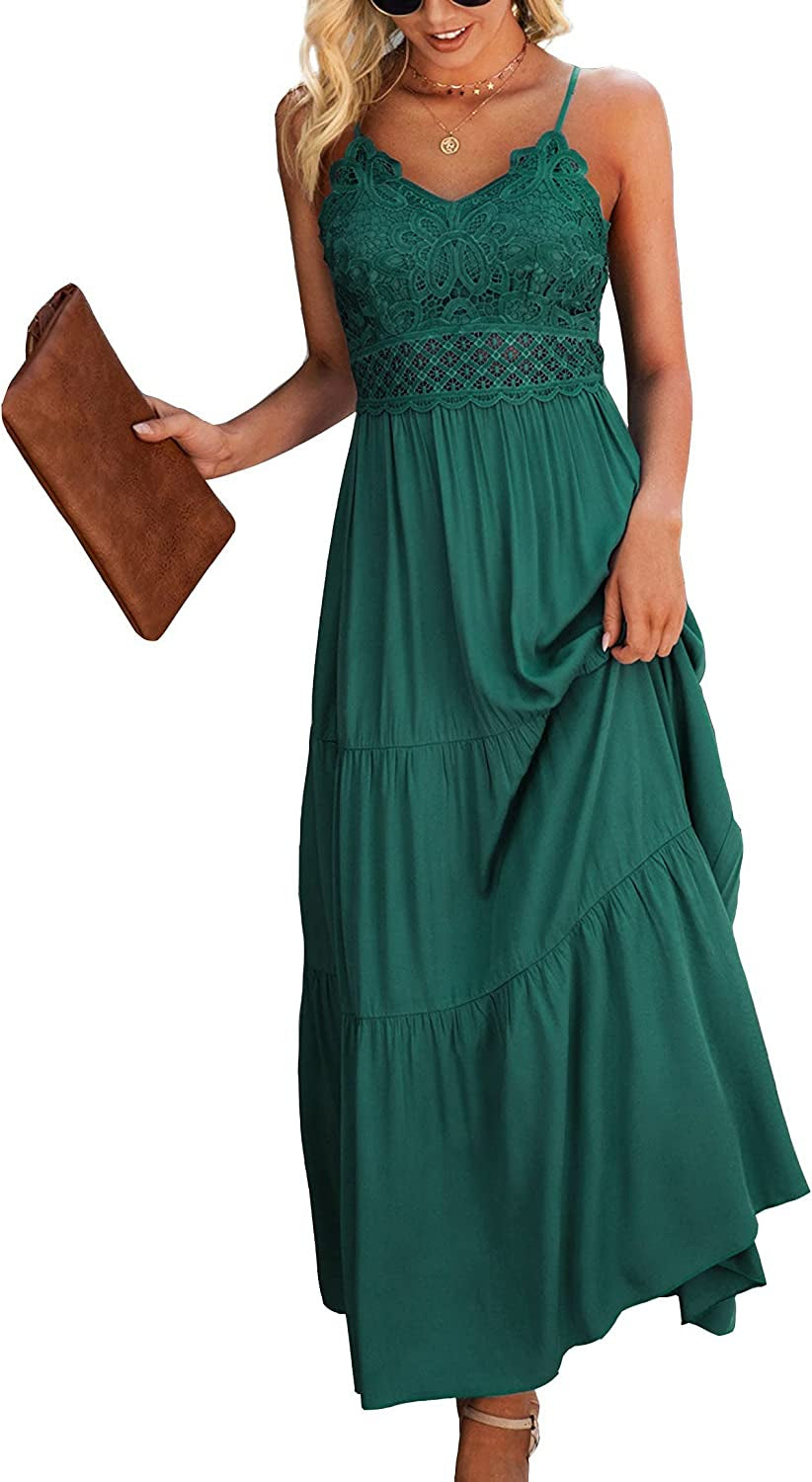 Women'S Beach Crochet Lace Maxi Dress Solid Color Summer Vacation Spaghetti Strap Long Dress 2023