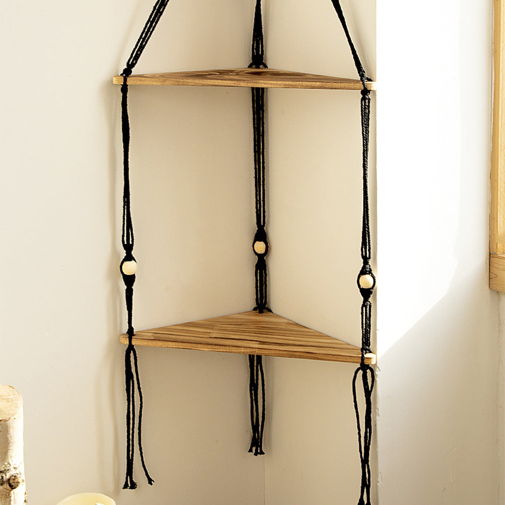 Wooden Wall Hanging Shelves - Macrame Hanging Plant Shelf With Leaf,Boho Storage Floating Shelves Handmade Rustic Hanger Planter Rack Pot Stand Holder