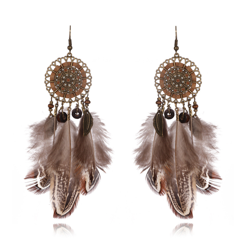 Feather Earrings Round Cutout Rope Blade Pendant Brown Feather Earrings