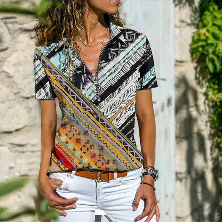 New Women's Boho Zip Short Sleeve T-Shirt