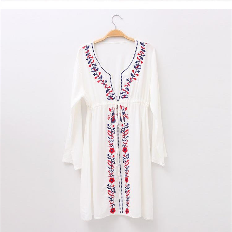 White Embroidered Long Sleeve Beachwear Cover Up Boho Dress