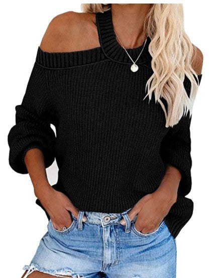 Off-the-shoulder solid color loose knit sweater