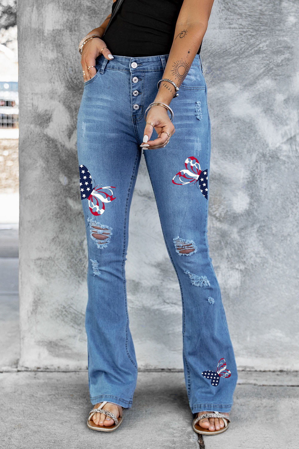 Dark Blue Mid Rise Button Front Flare Denim