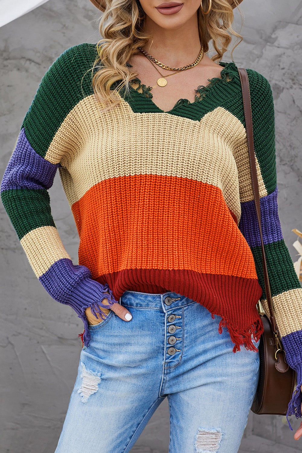 Colorblock Distressed Sweater