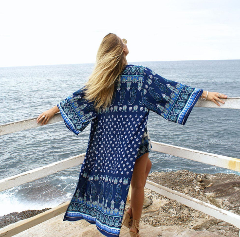 Chiffon Kimono Vintage Floral Cardigan Boho Loose Beach Shawl Long Tops Blouse Shirt Bikini Cover up Sunscreen