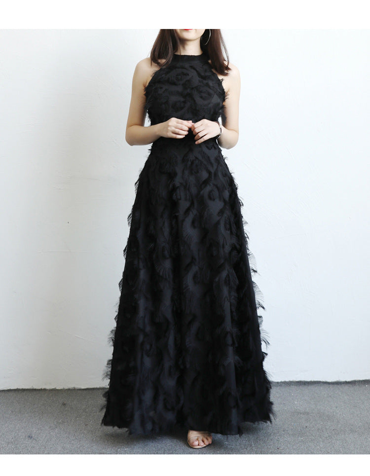 Fringed Feather Halterneck Off-the-shoulder Fashion Evening Dress