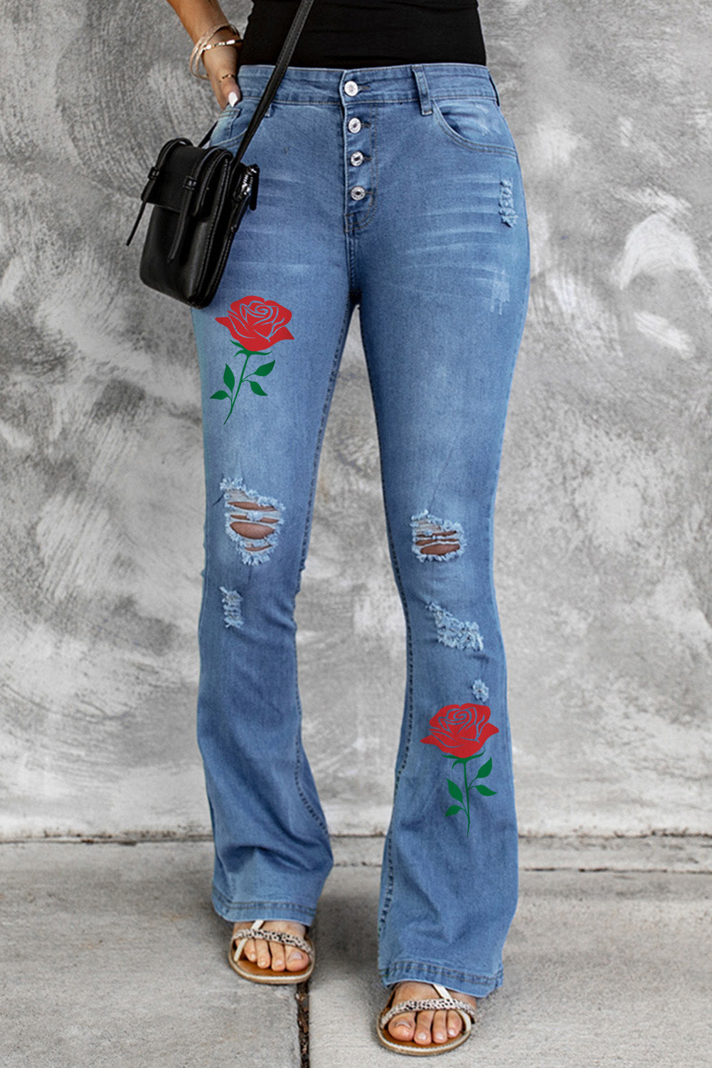Dark Blue Mid Rise Button Front Flare Denim