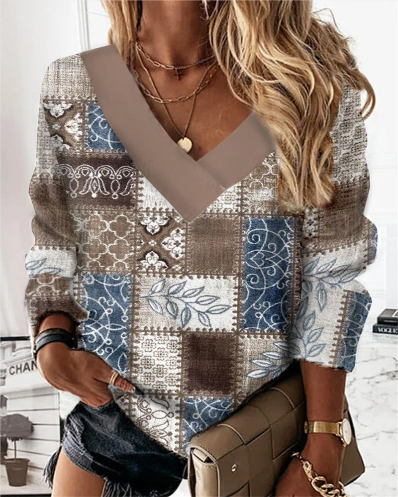 Women's Geometric Floral V-neck Long Sleeve Loose Sweater