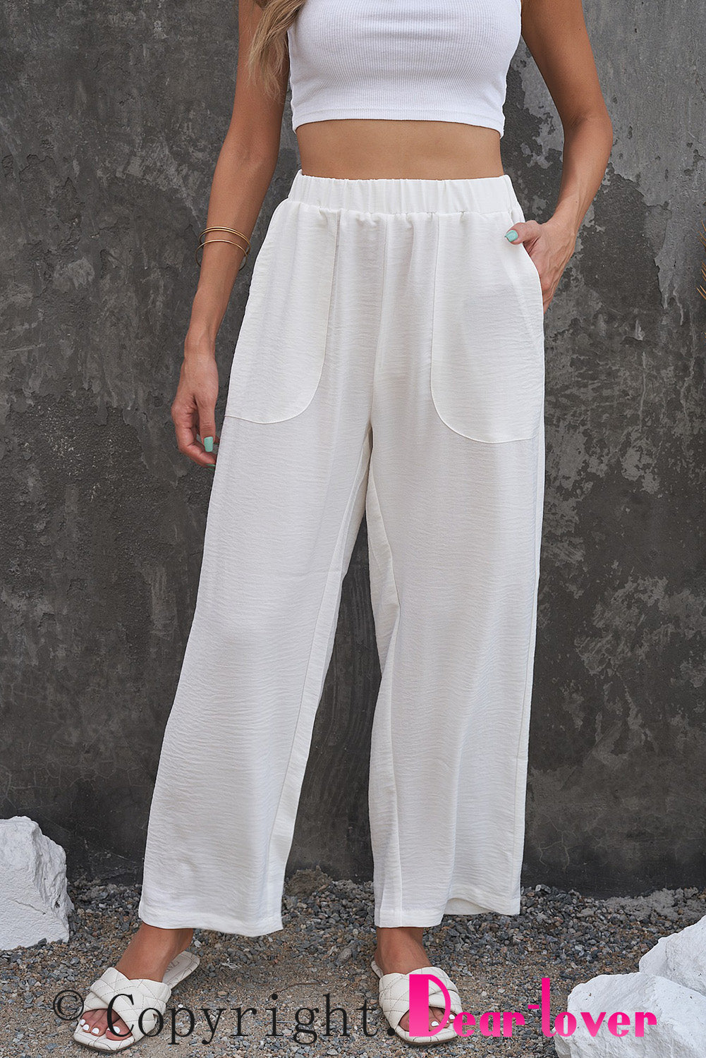 Elastic Waist Pocketed Wide Leg Pants