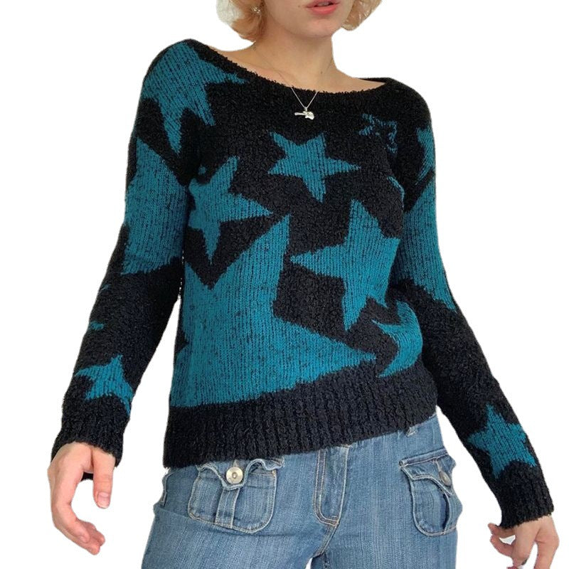 Color Contrast Star Long Sleeved Sweater Women