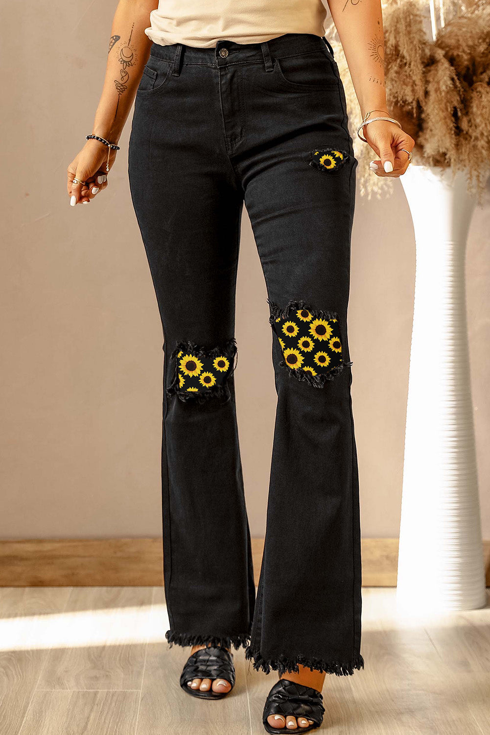 High Waist Ripped Bell Bottom Jeans