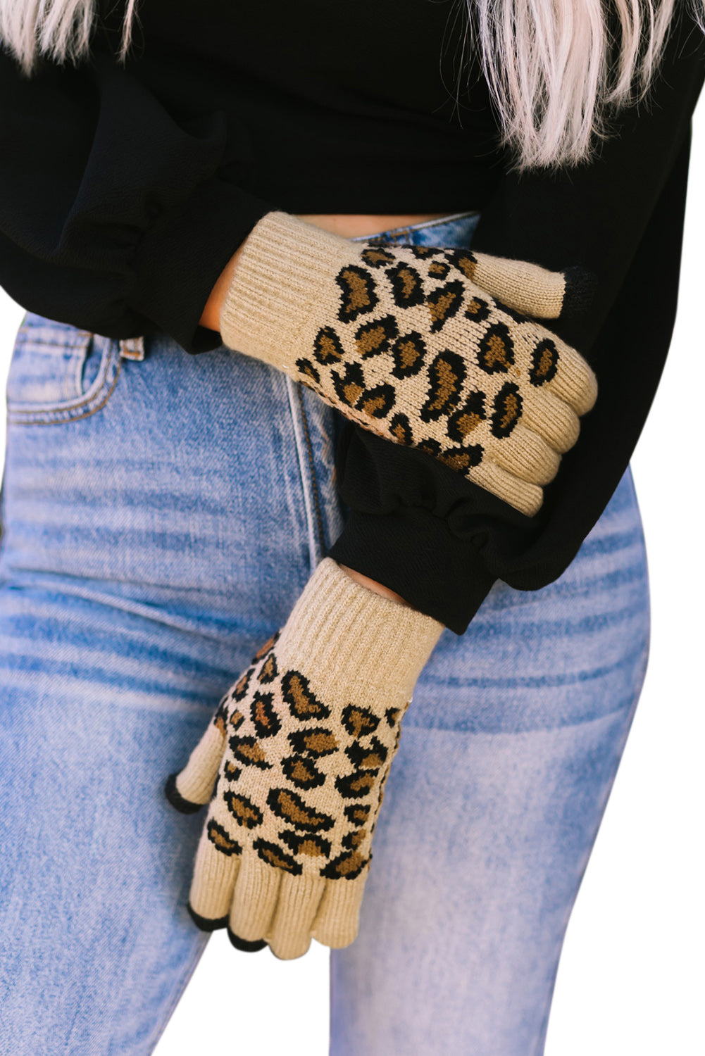 Leopard Pattern Knit  Touch Screen Gloves