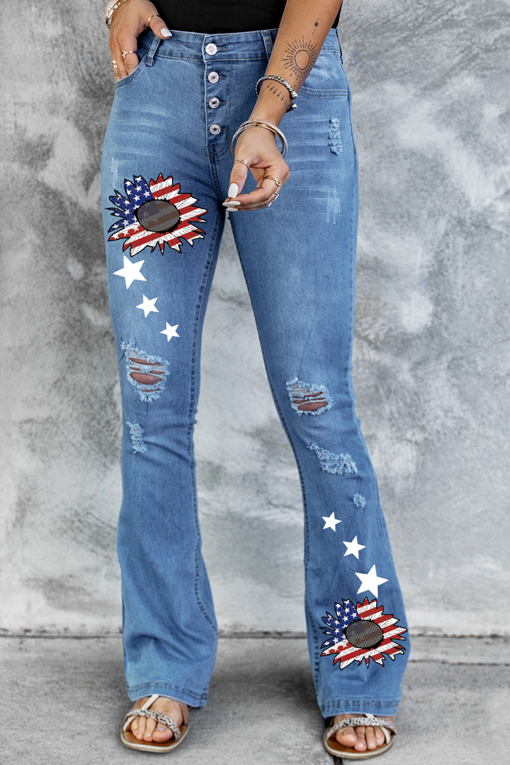 Dark Blue Mid Rise Button Front Flare Denim