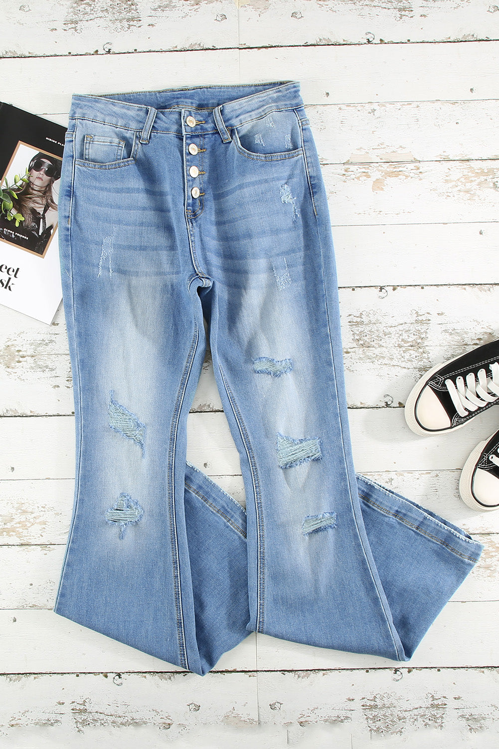 Dark Blue Mid Rise Button Front Flare Denim