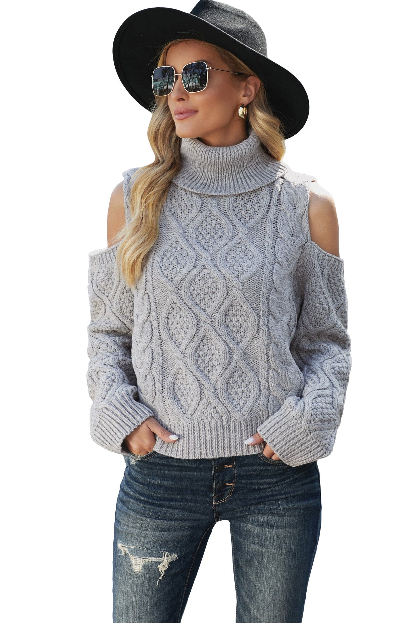 Turtleneck Cold Shoulder Textured Sweater