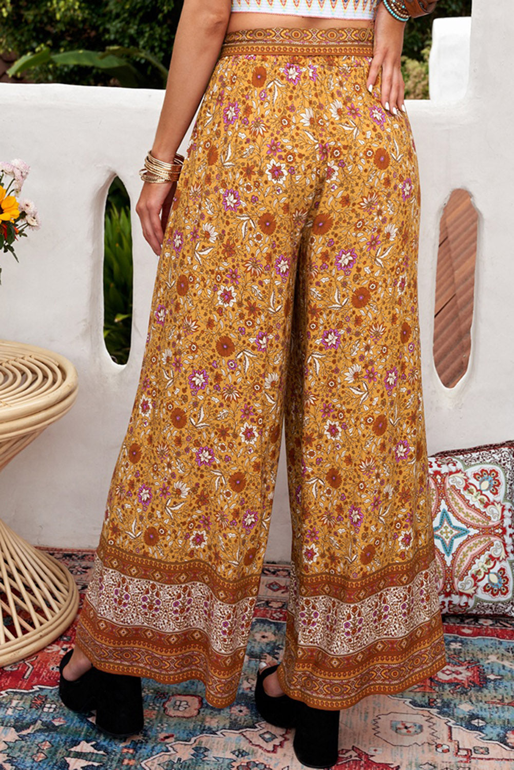 Boho Floral Print Wide Leg Casual Pants with Tie