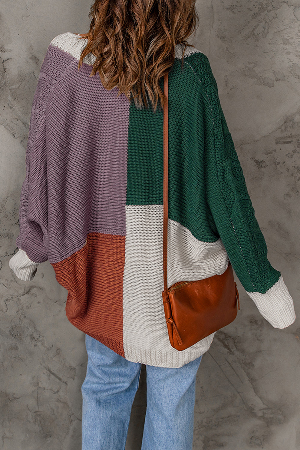 Color Block Loose Open Front Knitted Cardigan