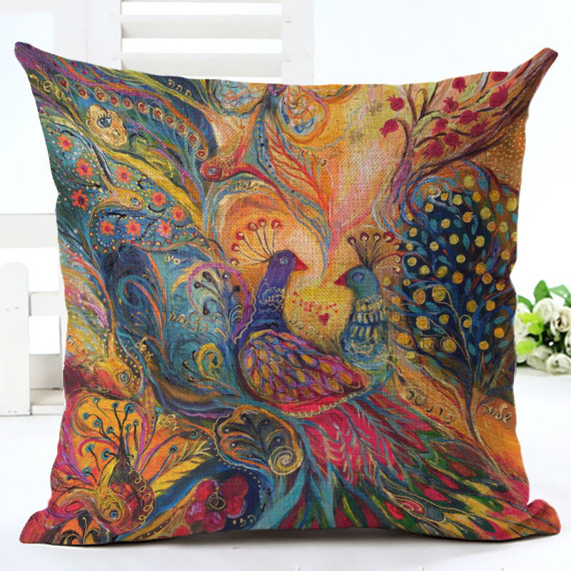 Peacock Printed Cotton, Linen And Linen Pillowcase