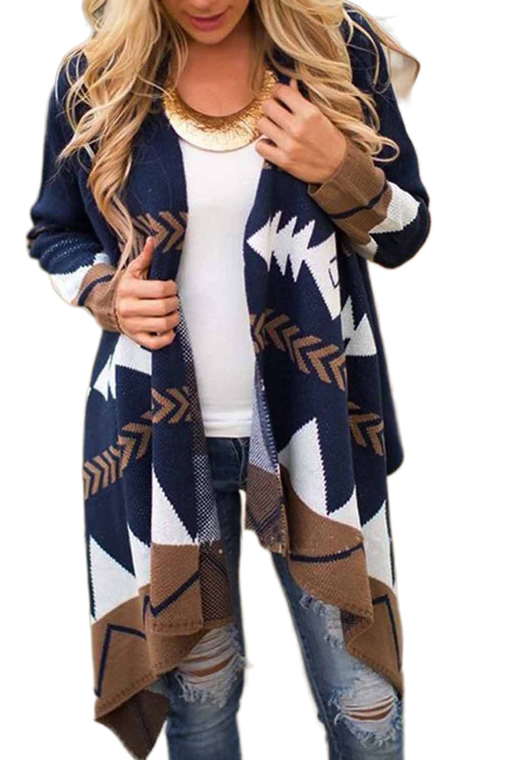 Color-Block Long Sleeve Casual Tribal Cardigan