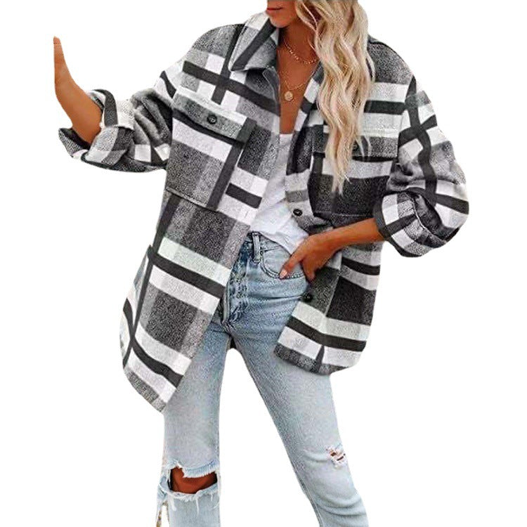 Women's Long Sleeve Lapel Loose Plaid Thickened Wool Jacket