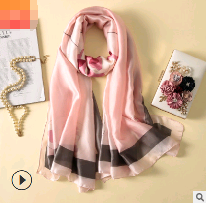 Spring, summer and autumn, new flowers, elegant and high-end artificial silk scarf, female decorative shawl, sunscreen beach towel