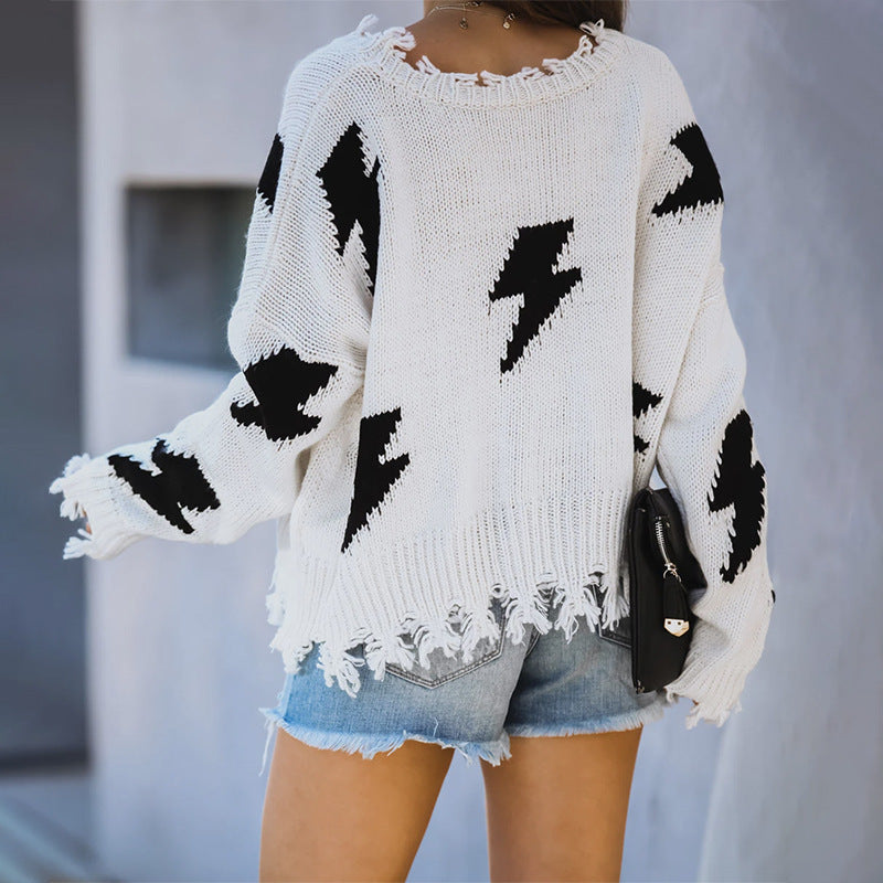 Lightning hole tassel pullover women's sweater