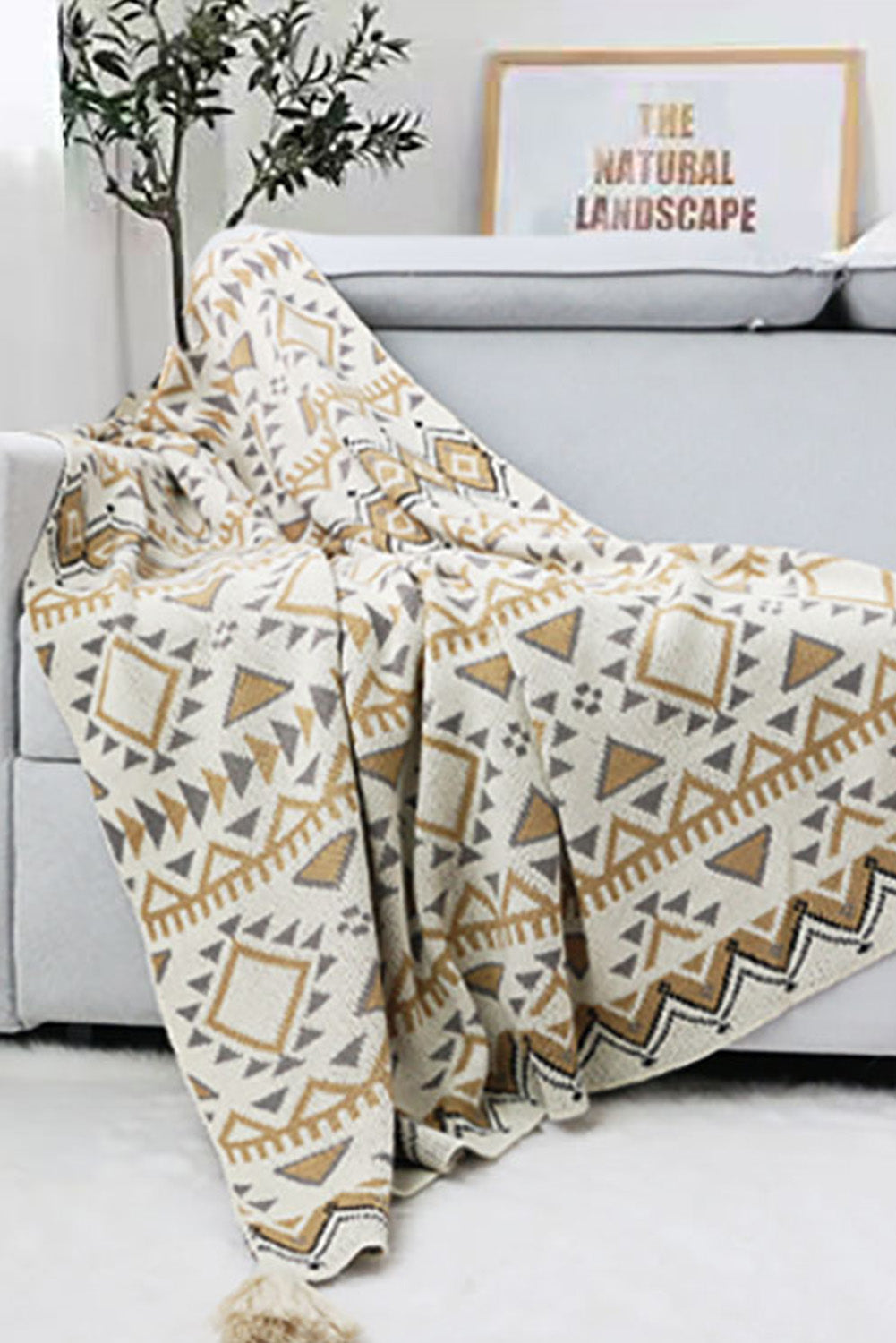 Beige Boho Geometric Knitted Tasseled Throw Blanket 127*170cm