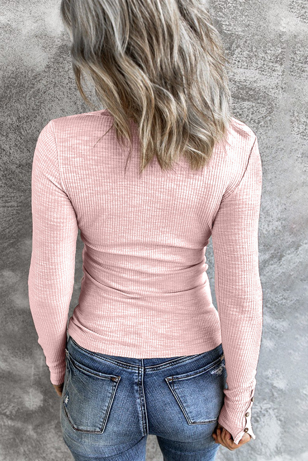 Crewneck Buttons Ribbed Knit Long Sleeve Top