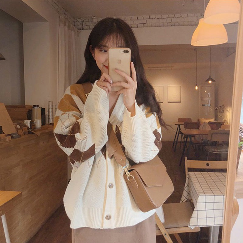Korean College Style Diamond Plaid Sweater Coat