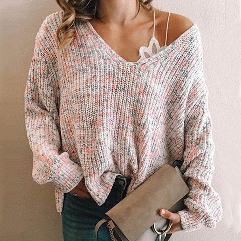 Fashion Knit Sweater Top Solid Color Casual V-Neck Sweater Women