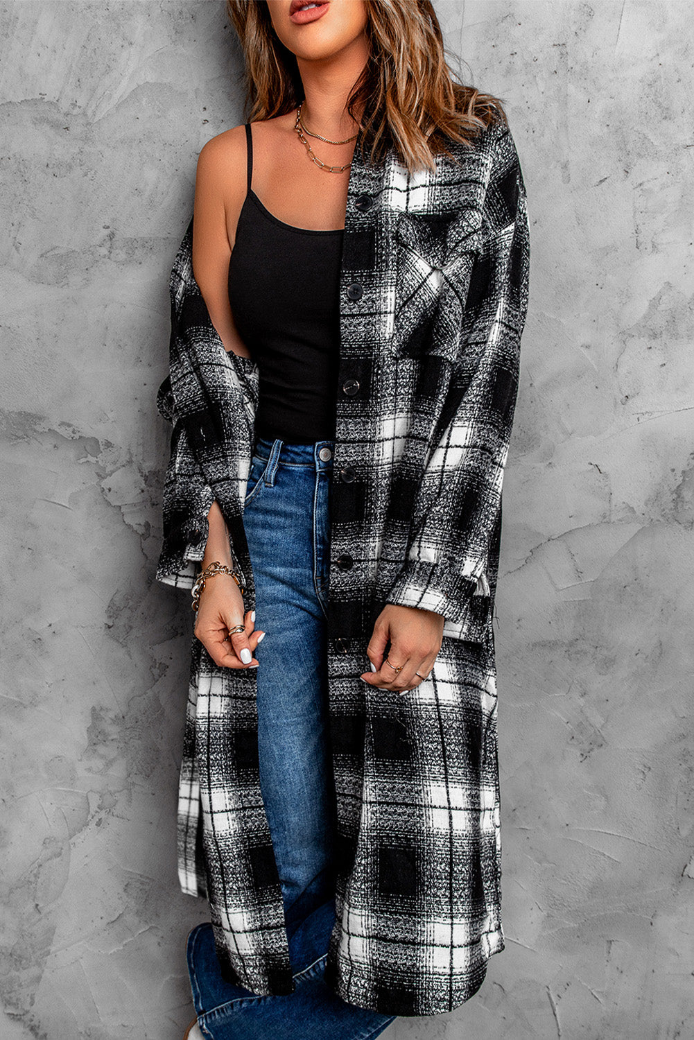 Plaid Print Buttoned Pocketed Long Sleeve Long Coat