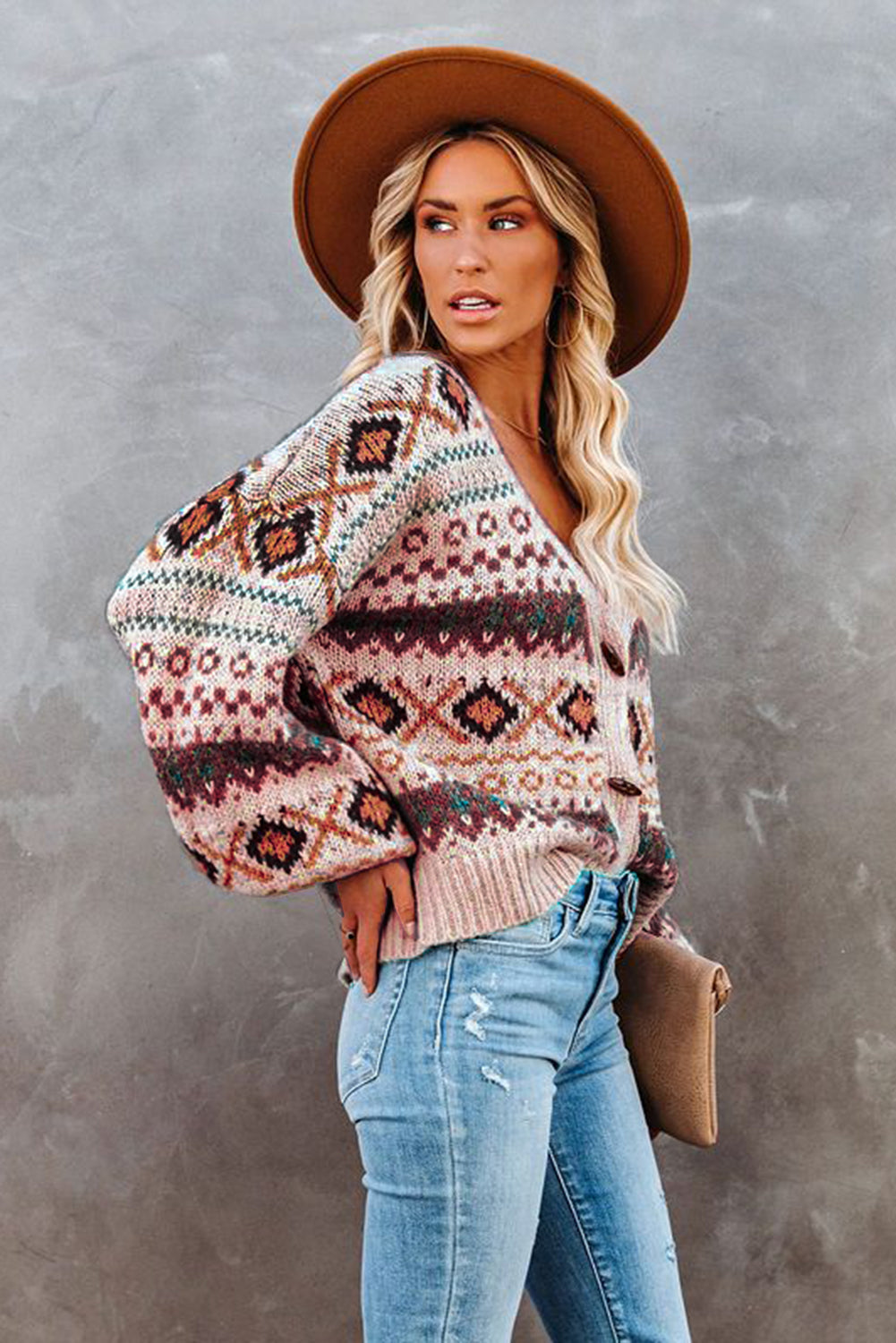 Multicolor Tribal Pattern V Neck Button Front Cardigan